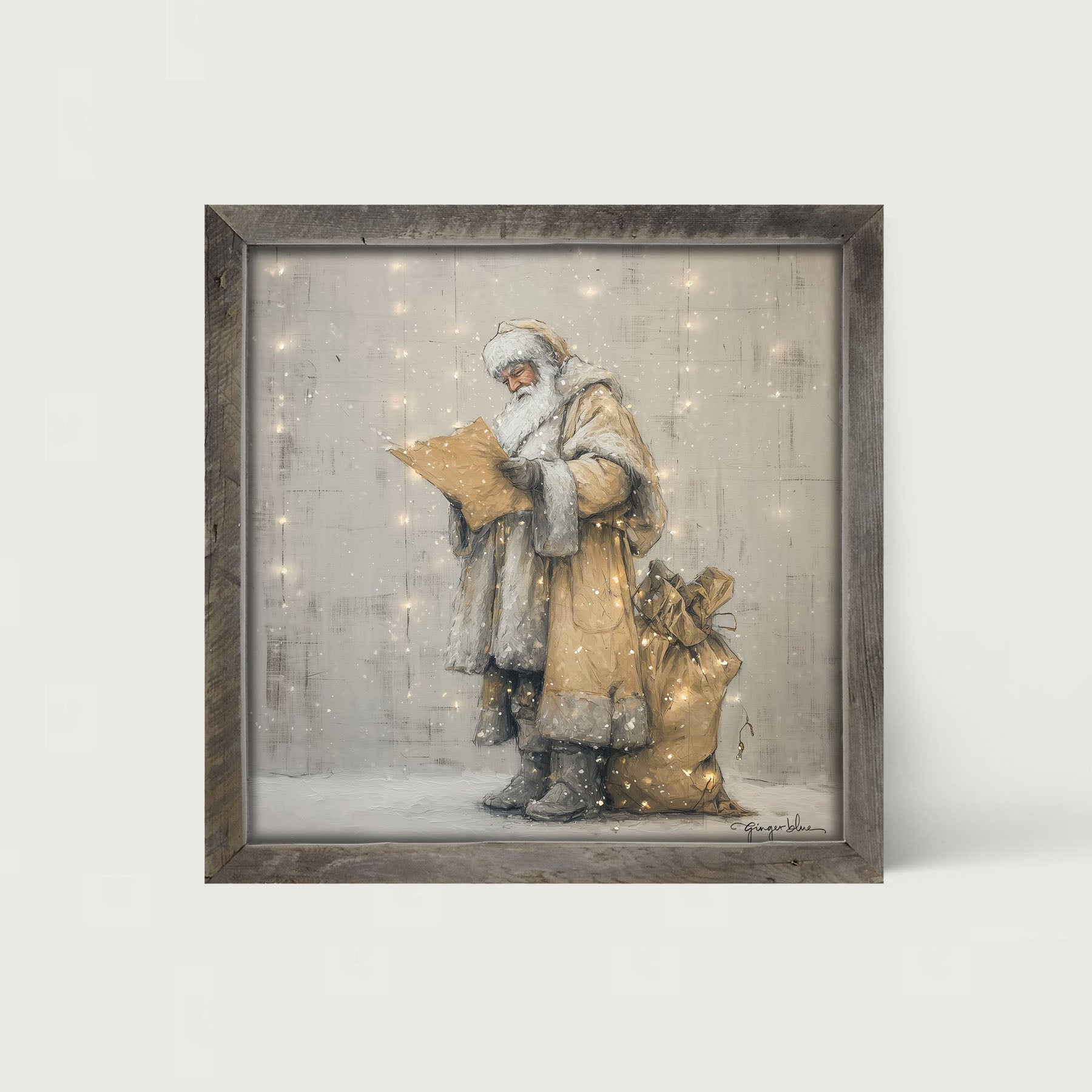 Santa Checking his List under Christmas Lights - Framed Art