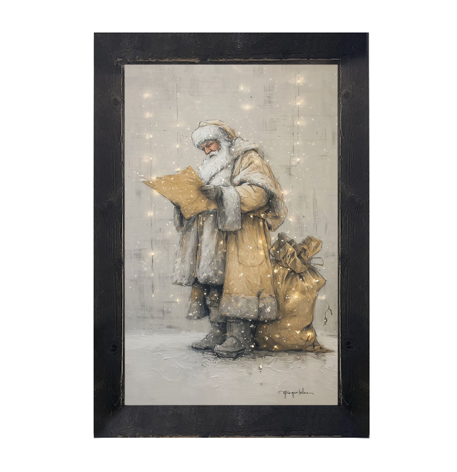 Santa Checking his List under Christmas Lights - Framed Art