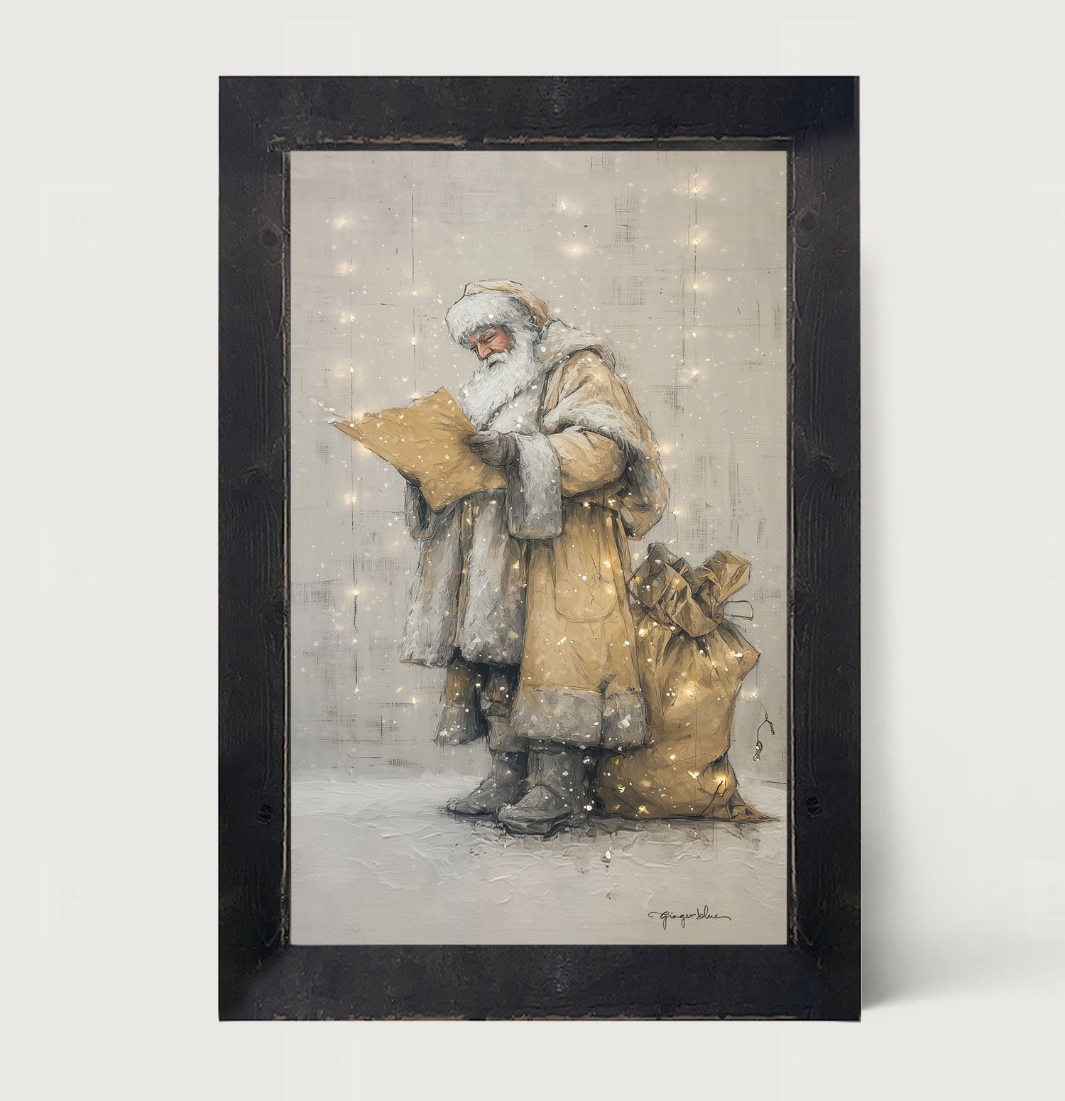 Santa Checking his List under Christmas Lights - Framed Art