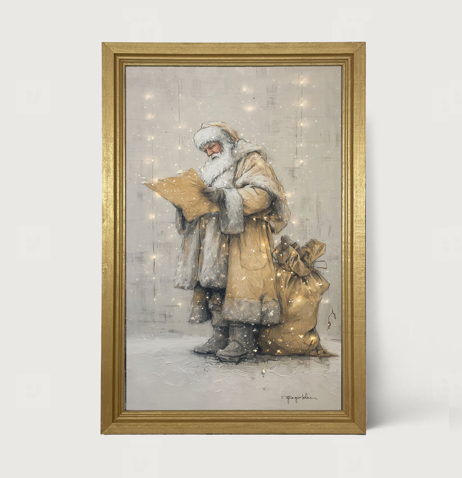 Santa Checking his List under Christmas Lights - Framed Art