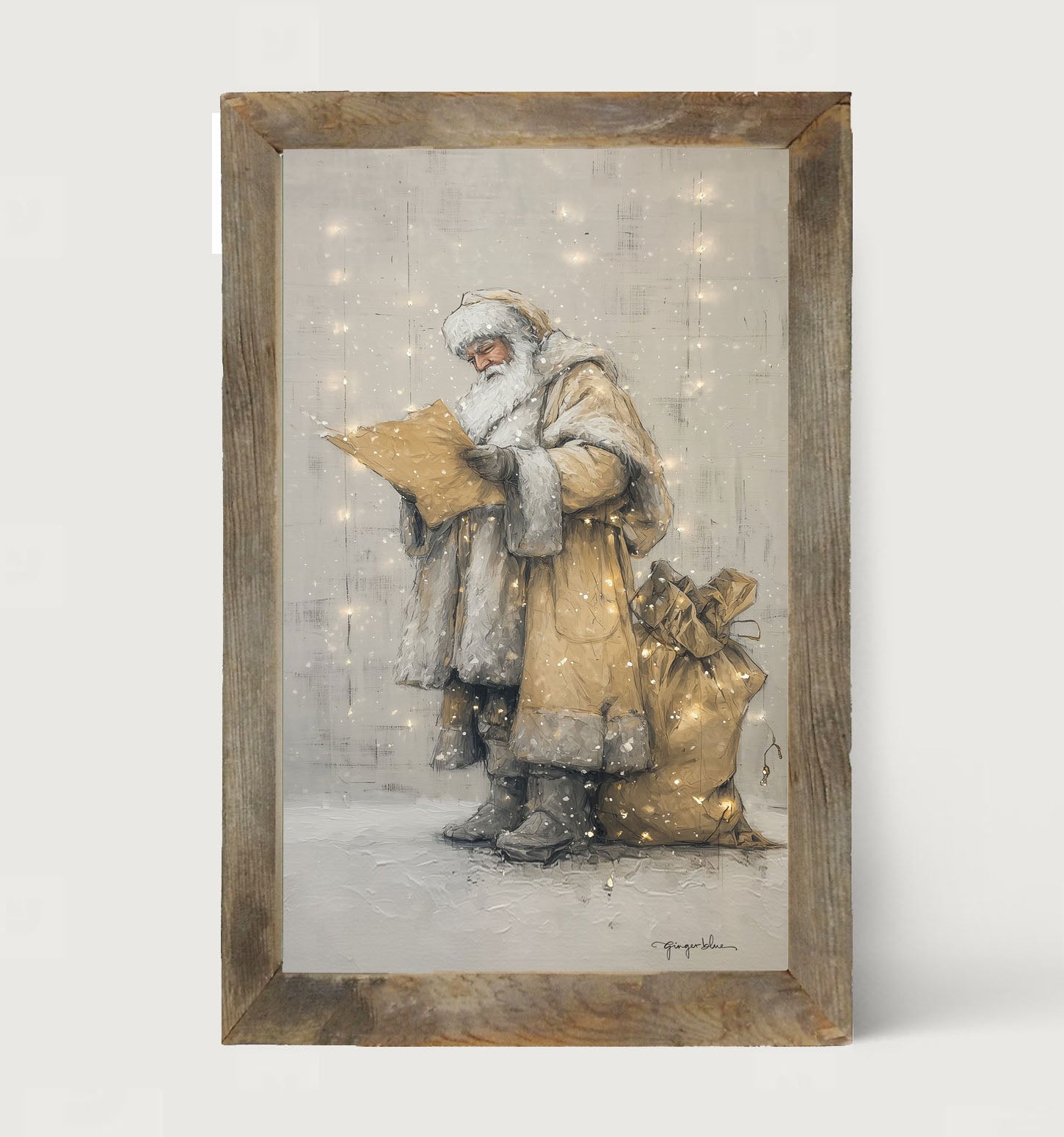 Santa Checking his List under Christmas Lights - Framed Art
