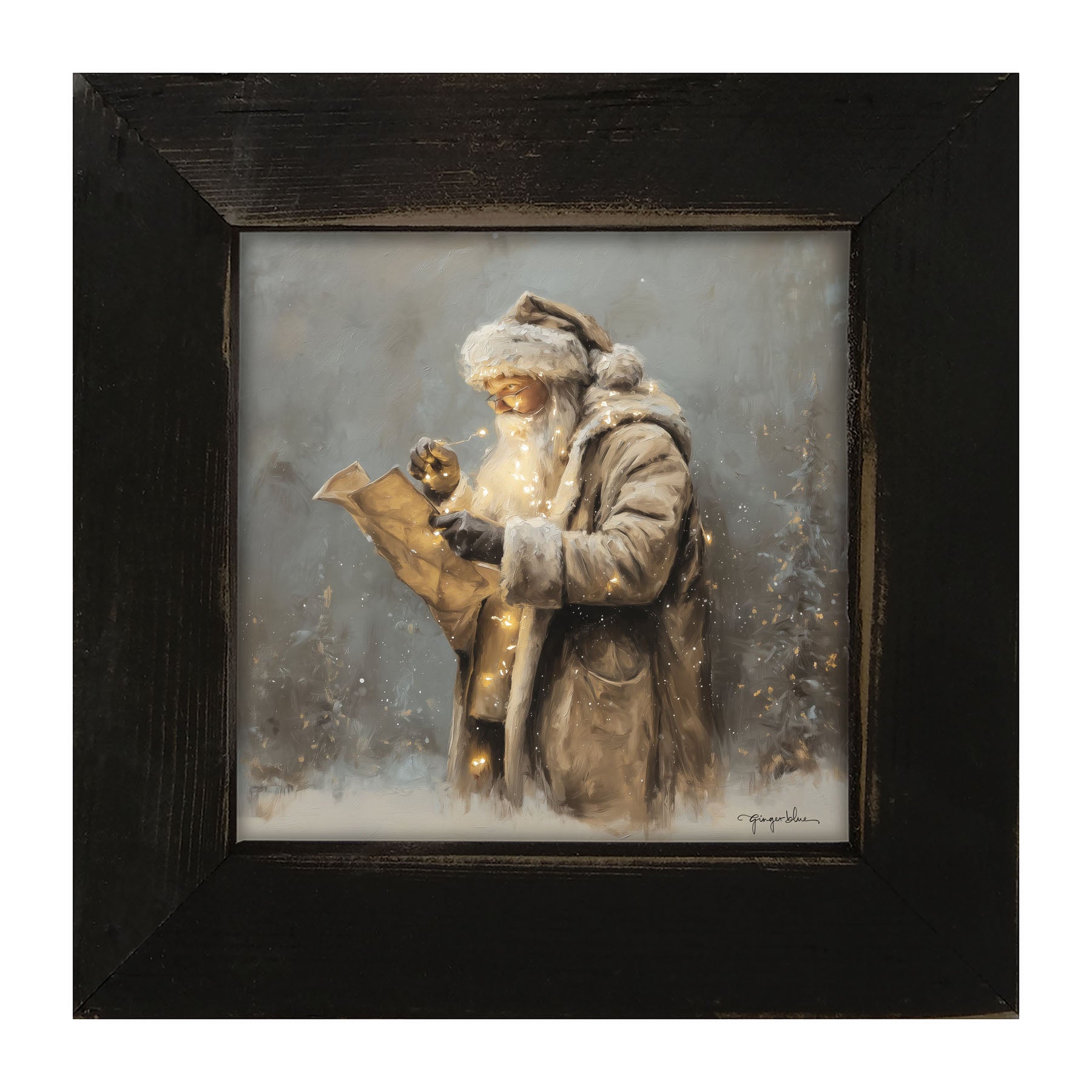 Santa Reading his list with Christmas Lights - Framed Art