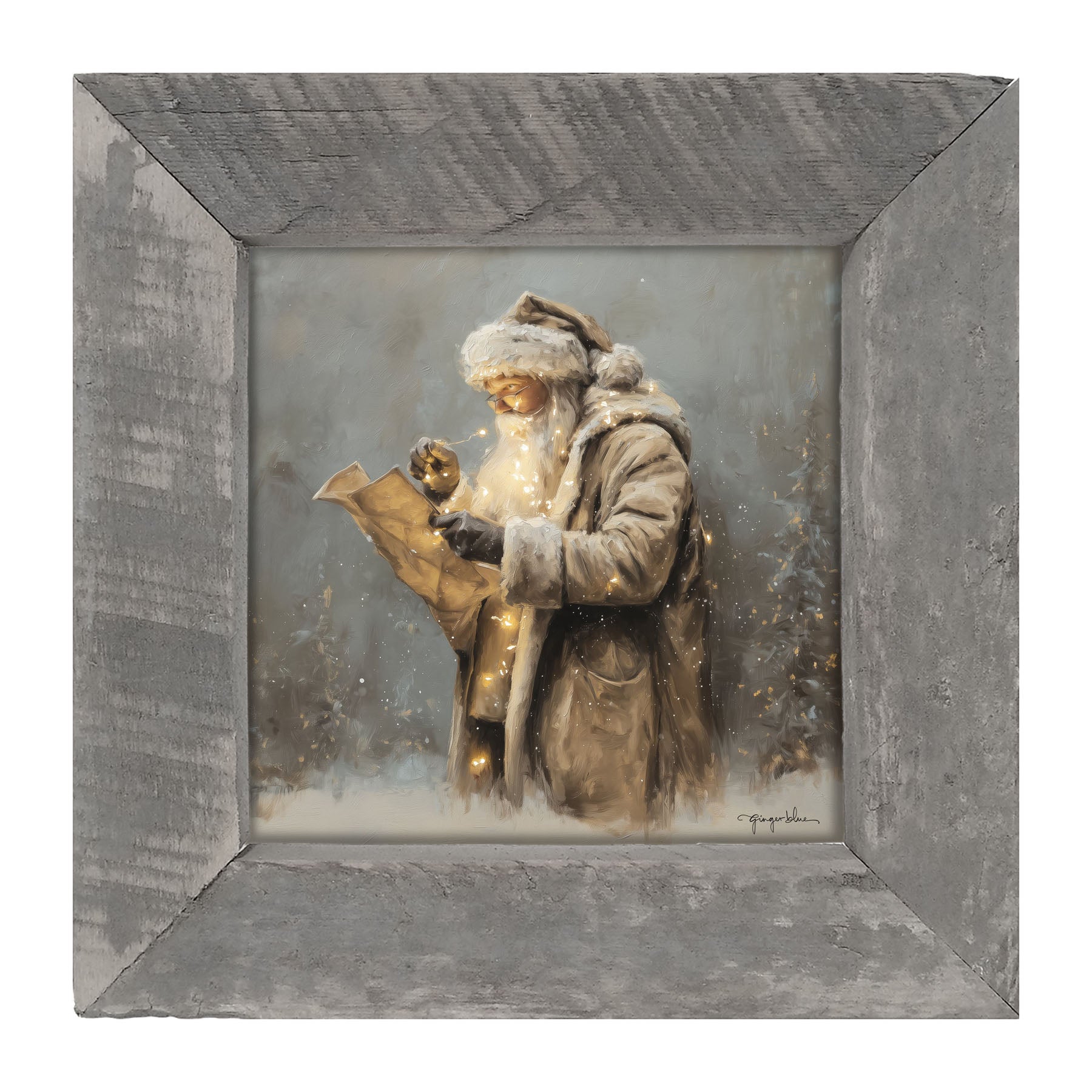 Santa Reading his list with Christmas Lights - Framed Art