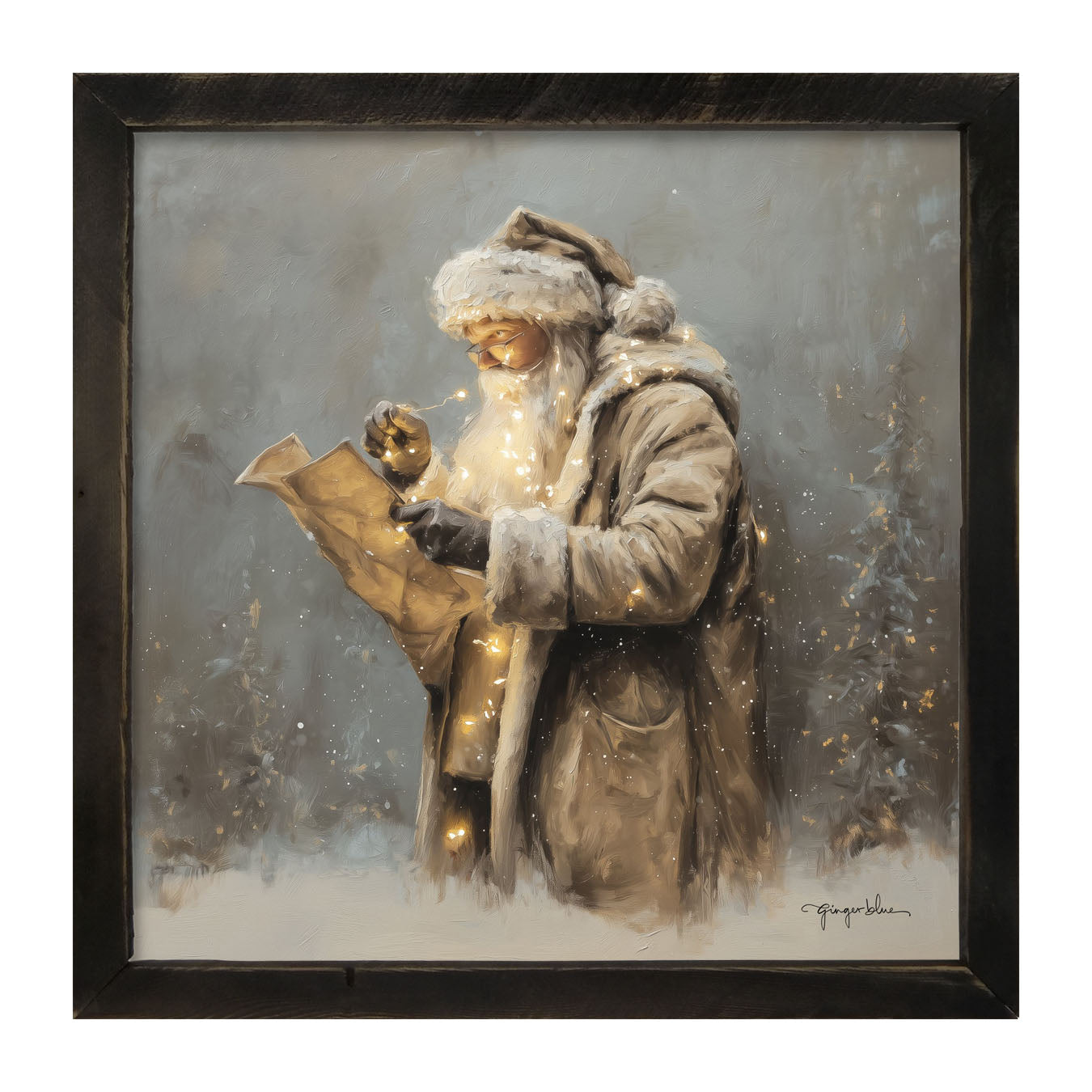 Santa Reading his list with Christmas Lights - Framed Art
