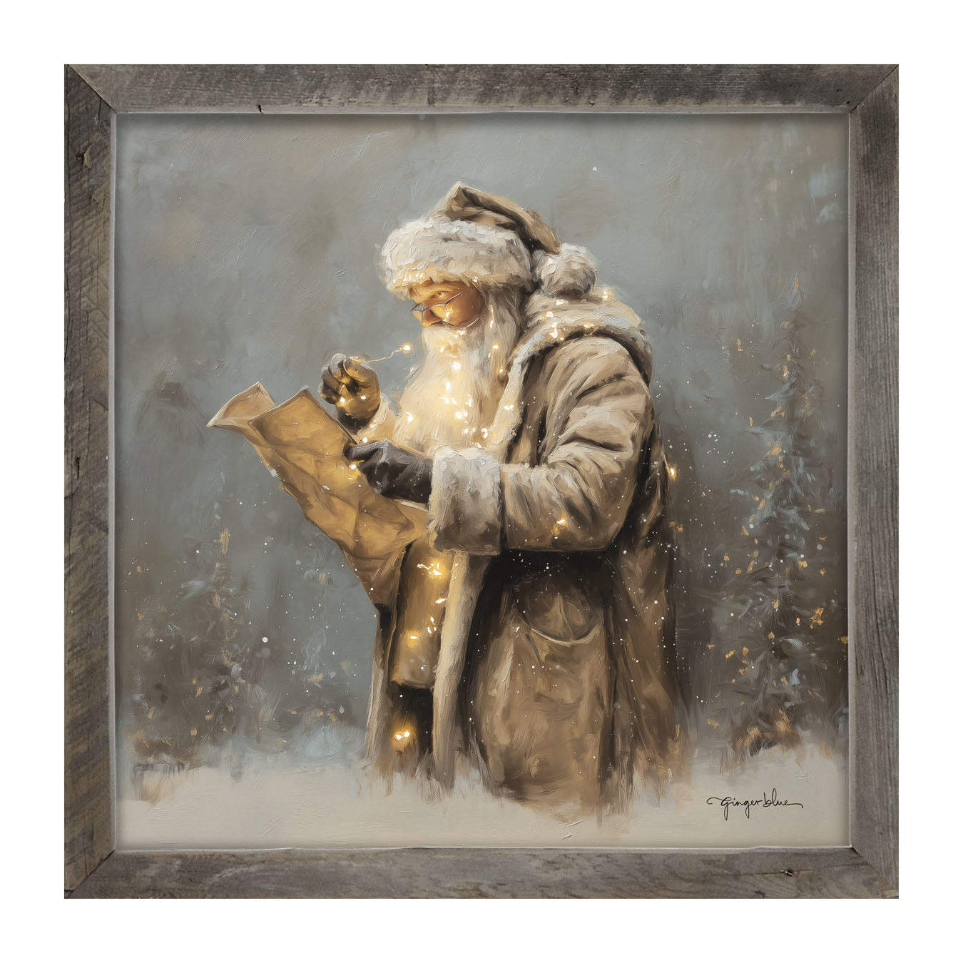 Santa Reading his list with Christmas Lights - Framed Art