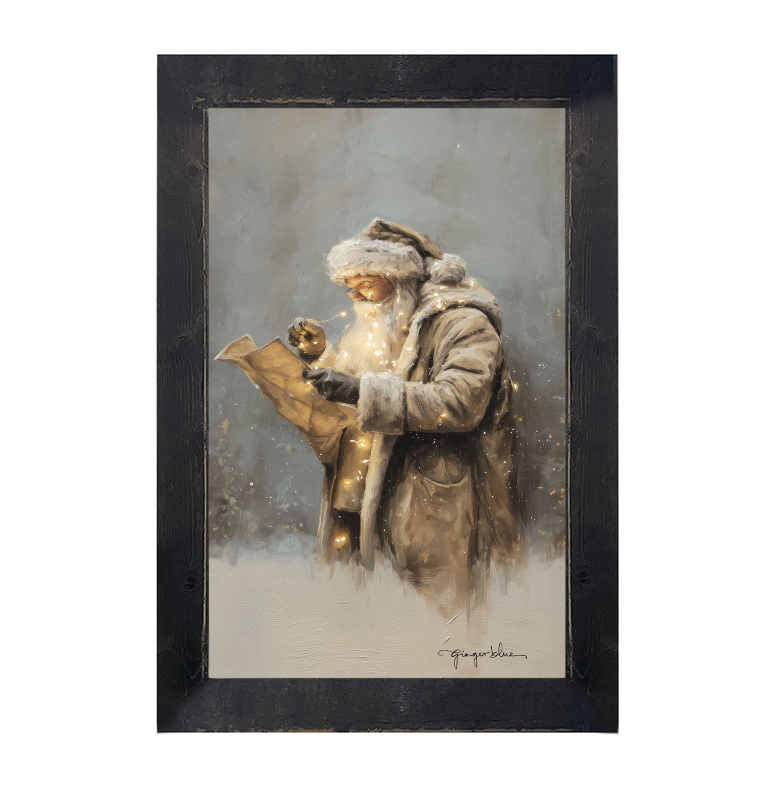 Santa Reading his list with Christmas Lights - Framed Art