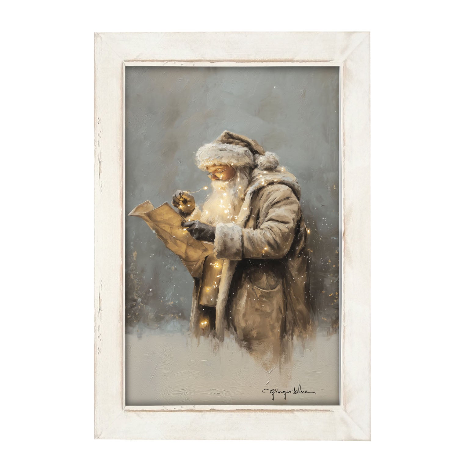 Santa Reading his list with Christmas Lights - Framed Art