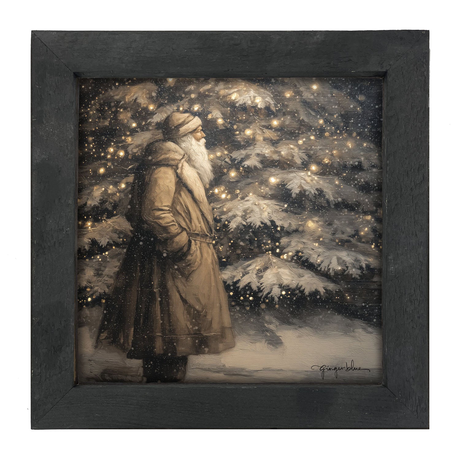 Santa near Lit Christmas Tree - Framed Art