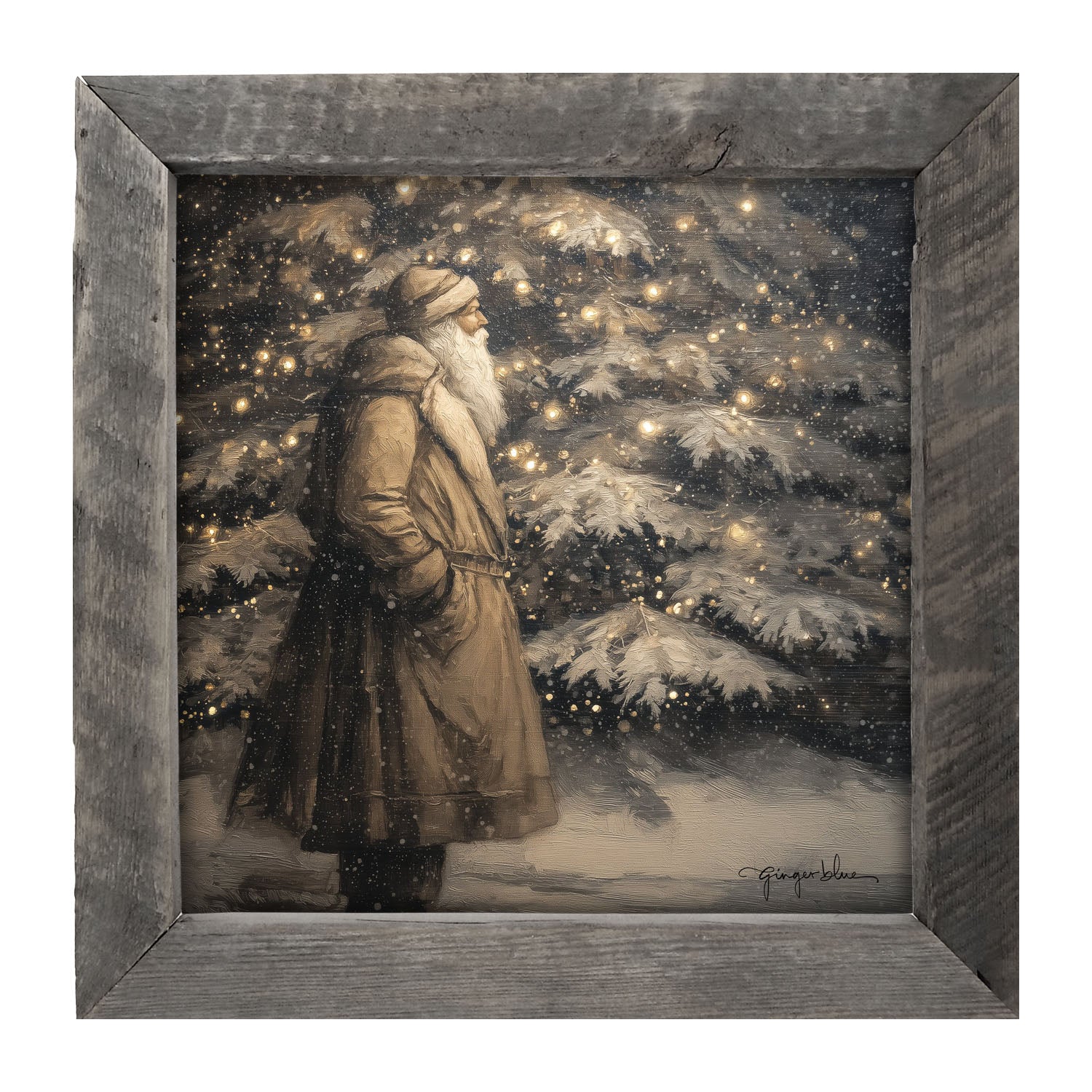Santa near Lit Christmas Tree - Framed Art