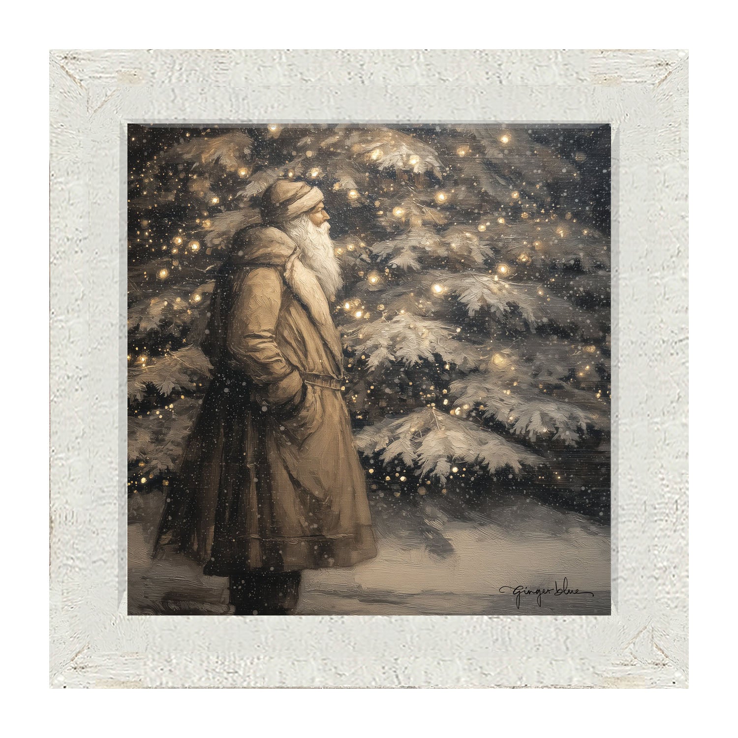 Santa near Lit Christmas Tree - Framed Art