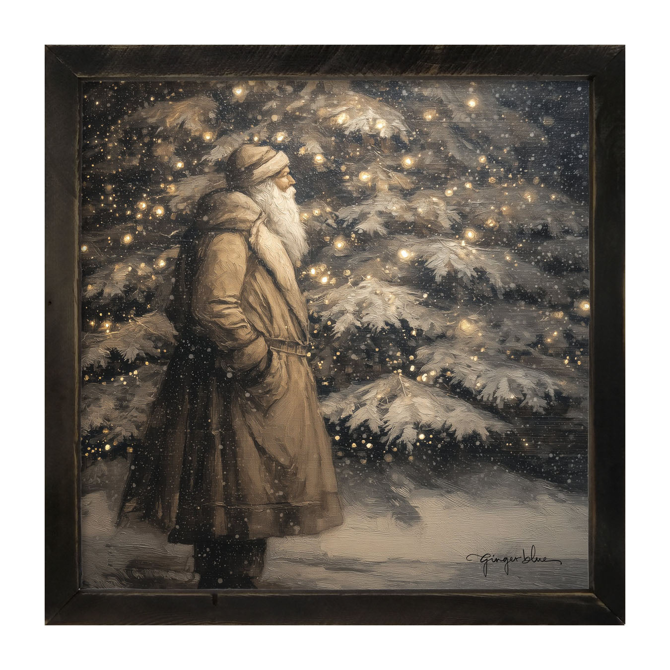 Santa near Lit Christmas Tree - Framed Art