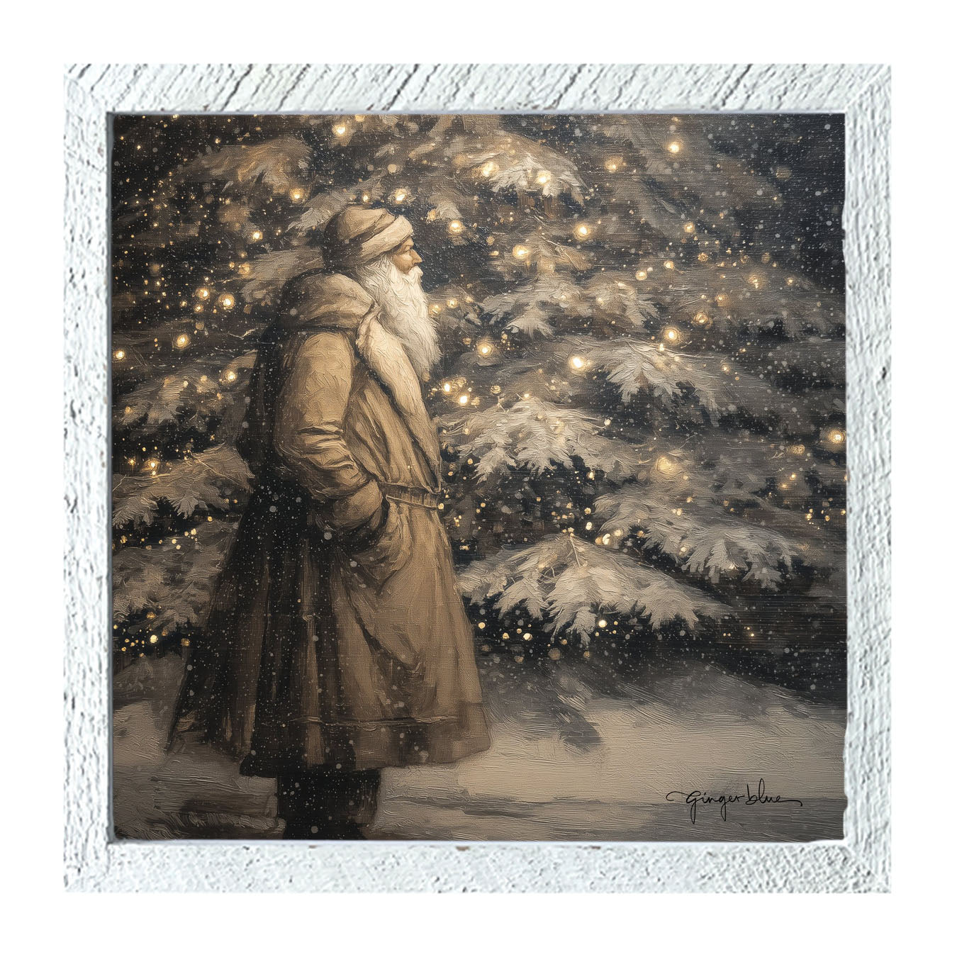 Santa near Lit Christmas Tree - Framed Art