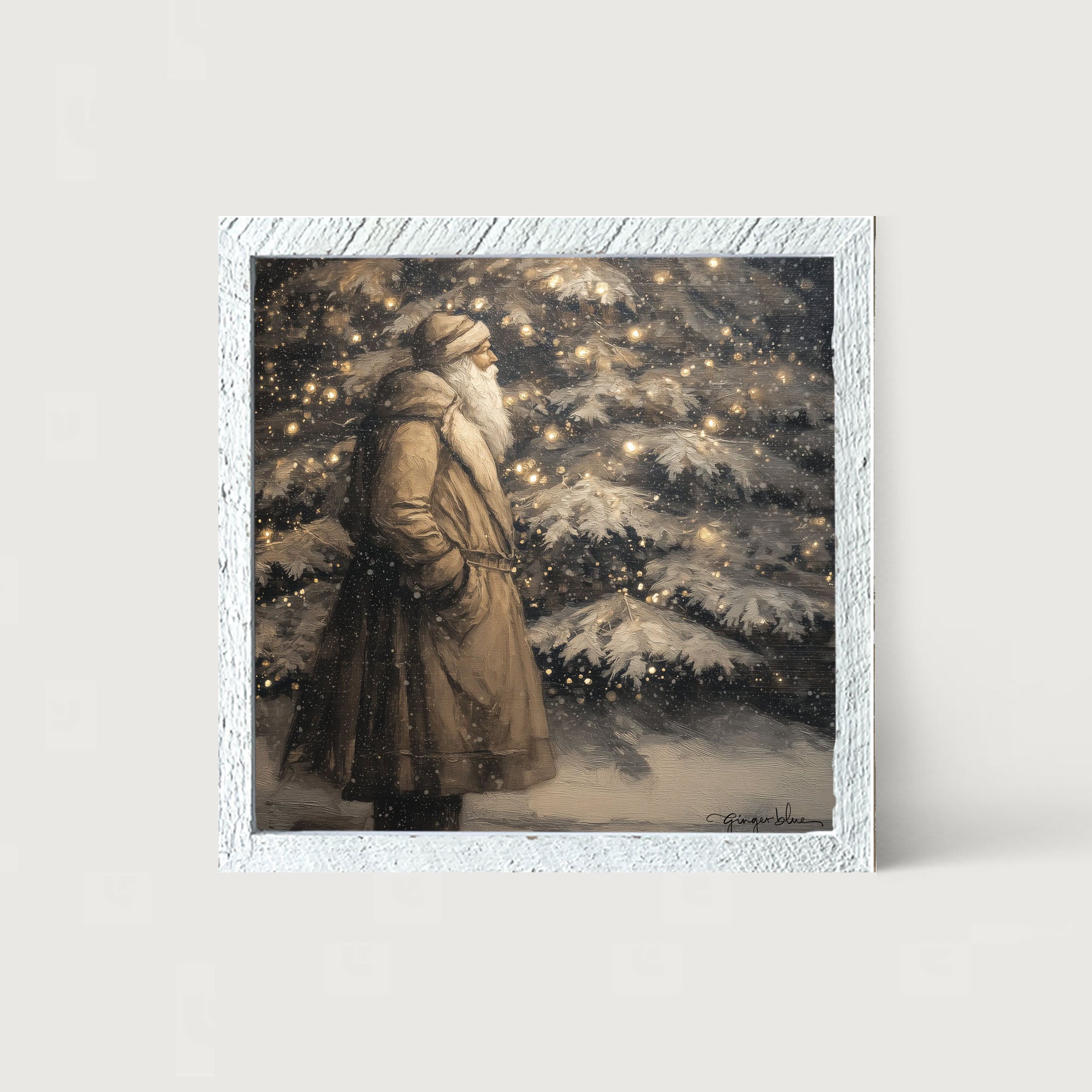 Santa near Lit Christmas Tree - Framed Art