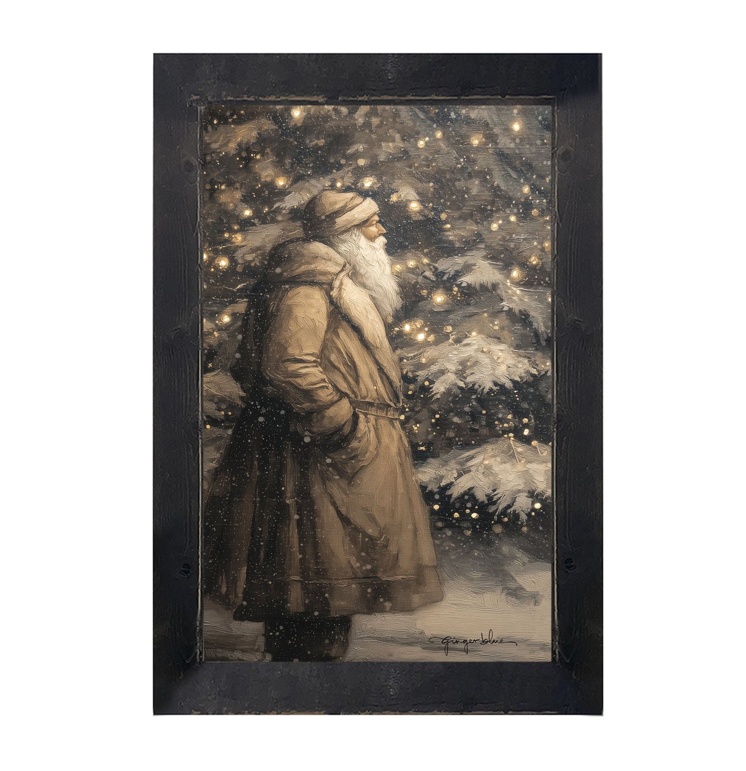 Santa near Lit Christmas Tree - Framed Art