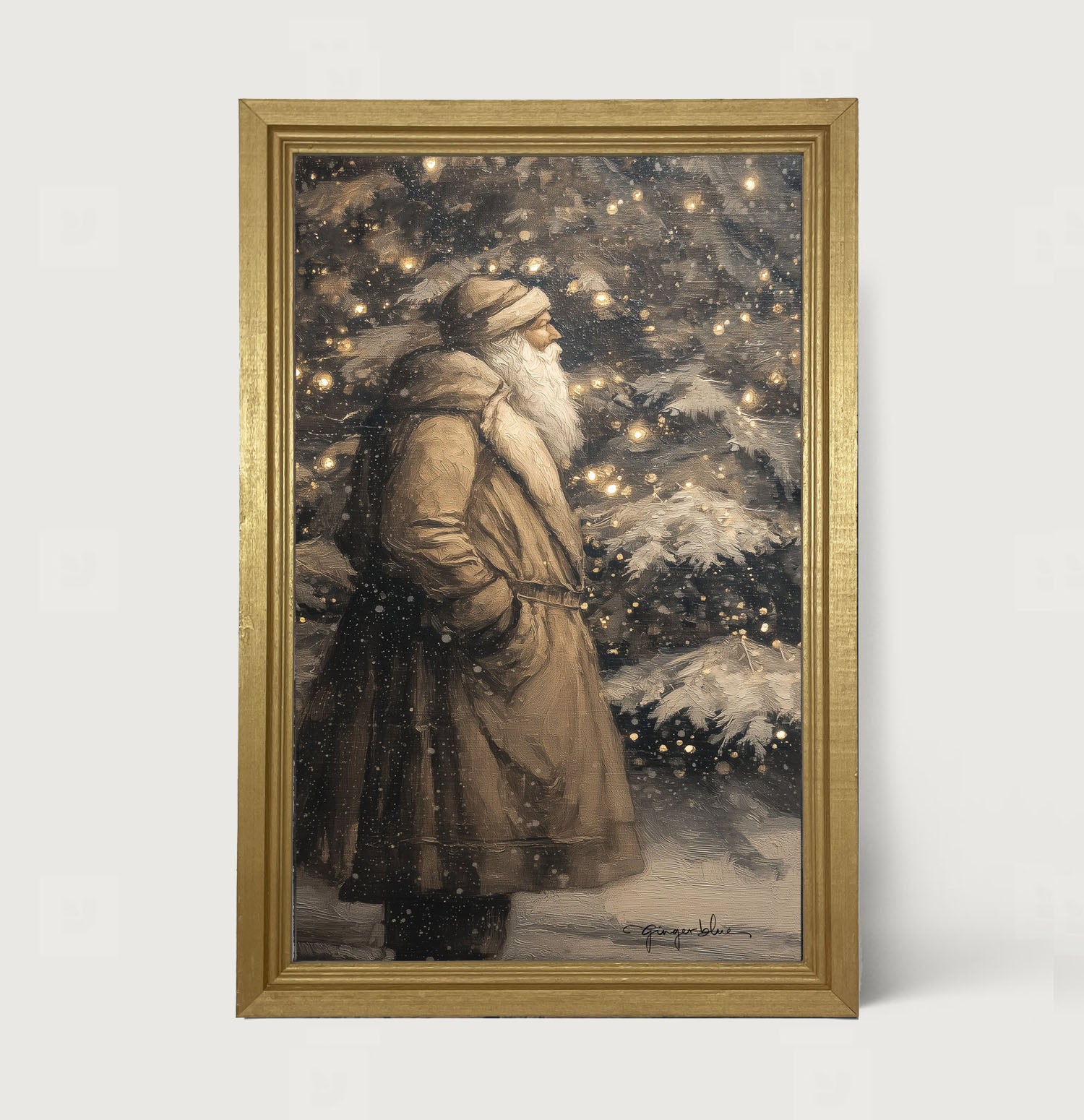 Santa near Lit Christmas Tree - Framed Art