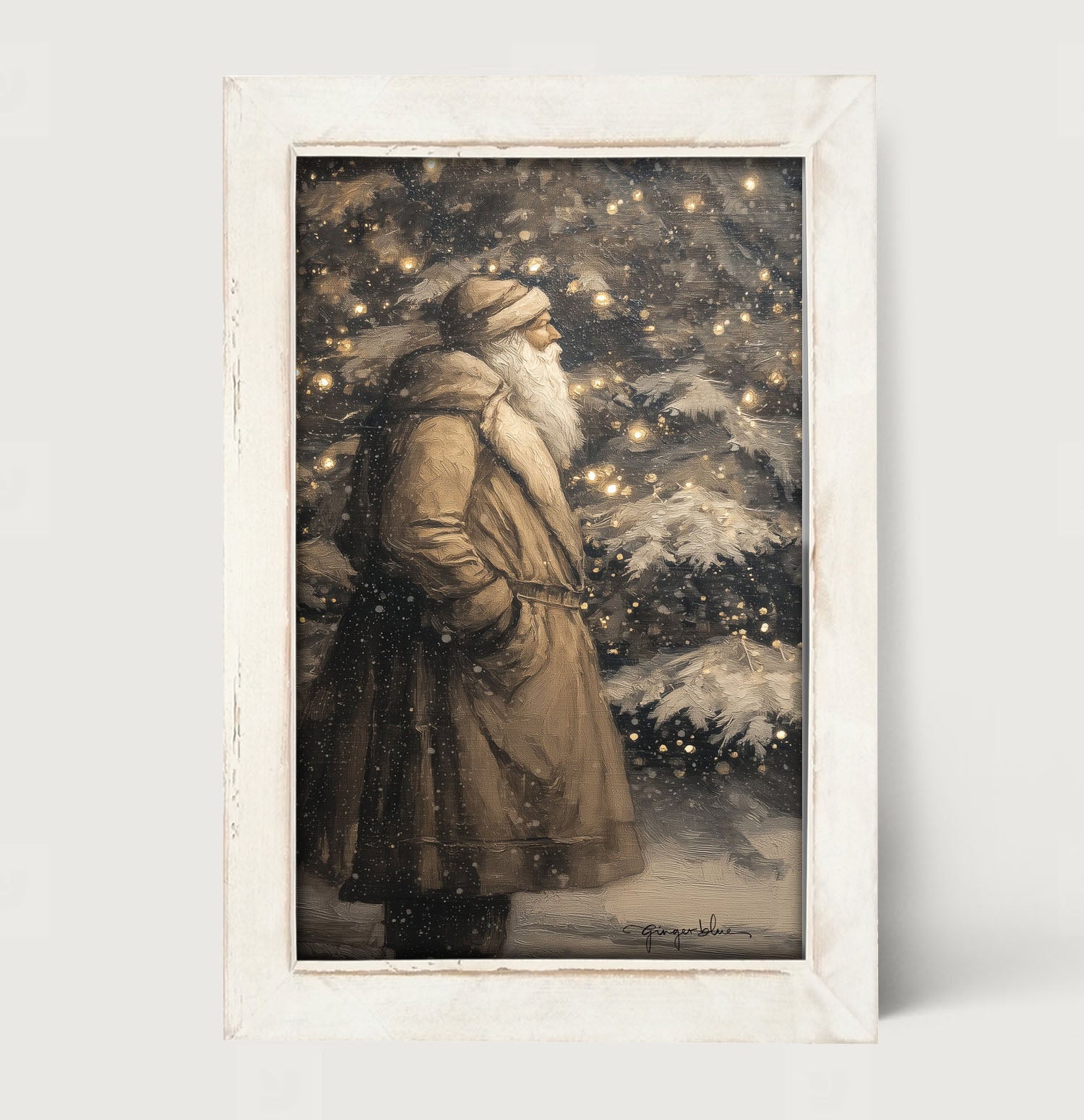 Santa near Lit Christmas Tree - Framed Art