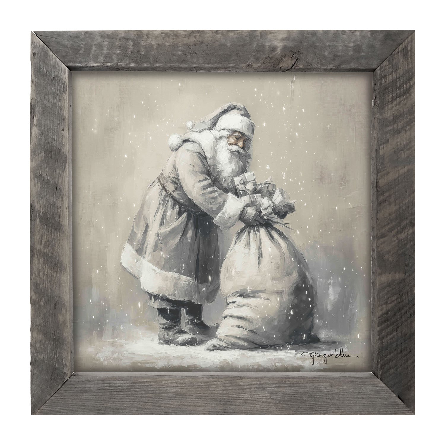 Santa Tying Bag of Presents - Framed Art