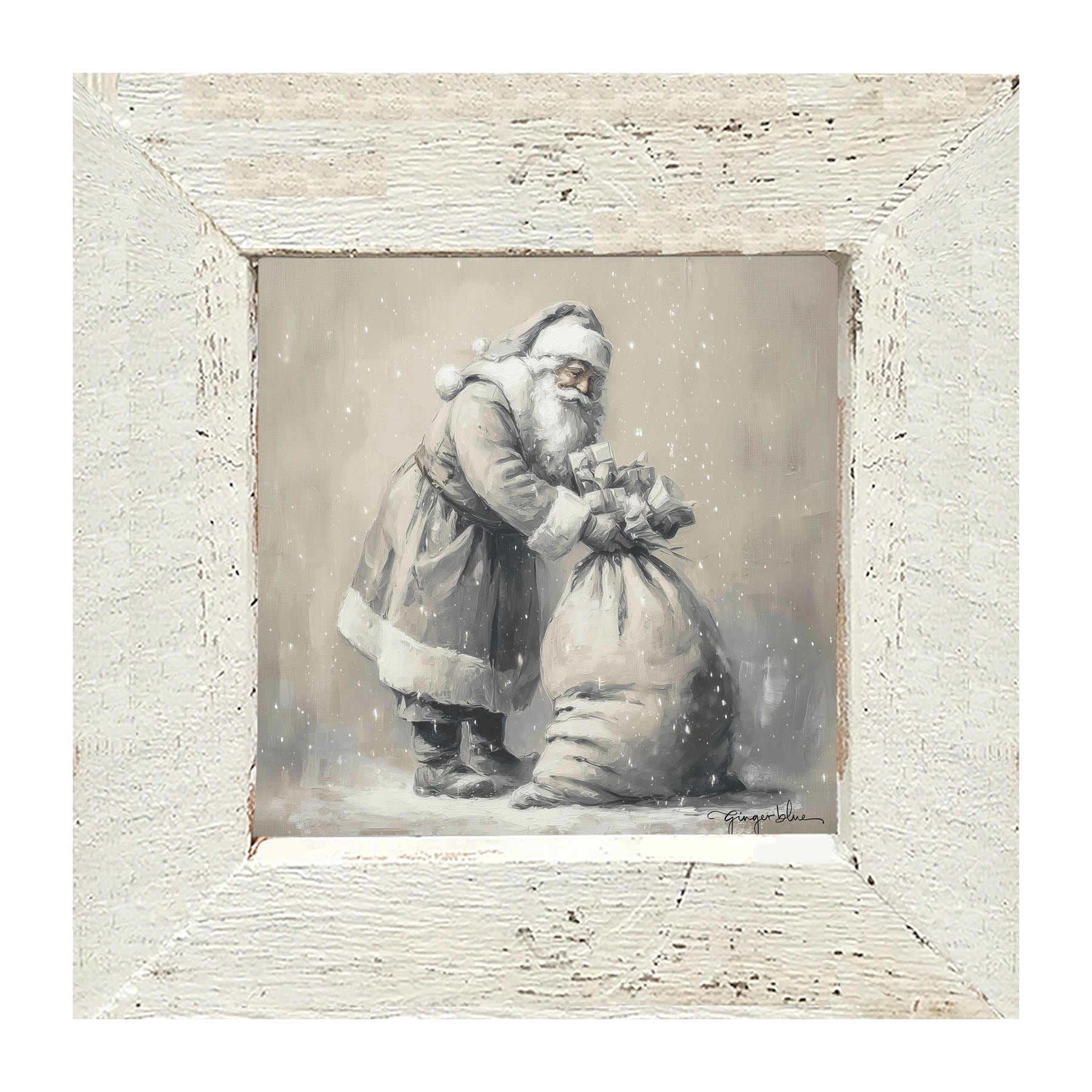 Santa Tying Bag of Presents - Framed Art