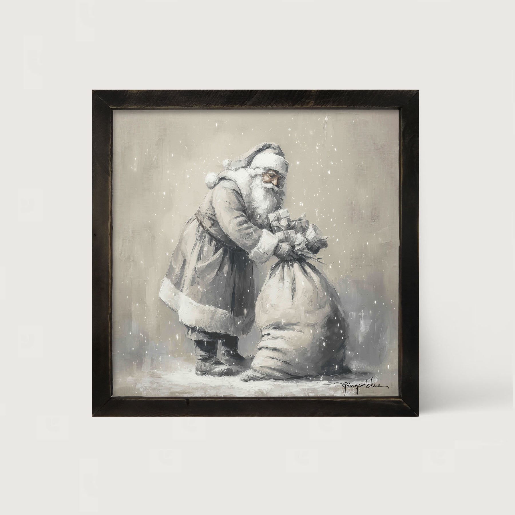 Santa Tying Bag of Presents - Framed Art