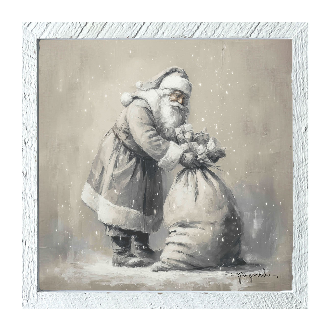 Santa Tying Bag of Presents - Framed Art