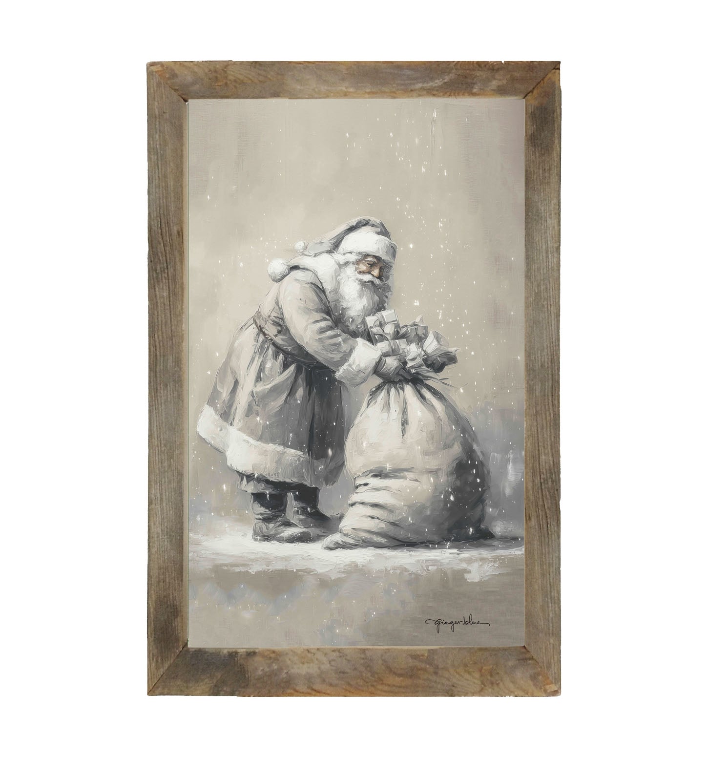 Santa Tying Bag of Presents - Framed Art