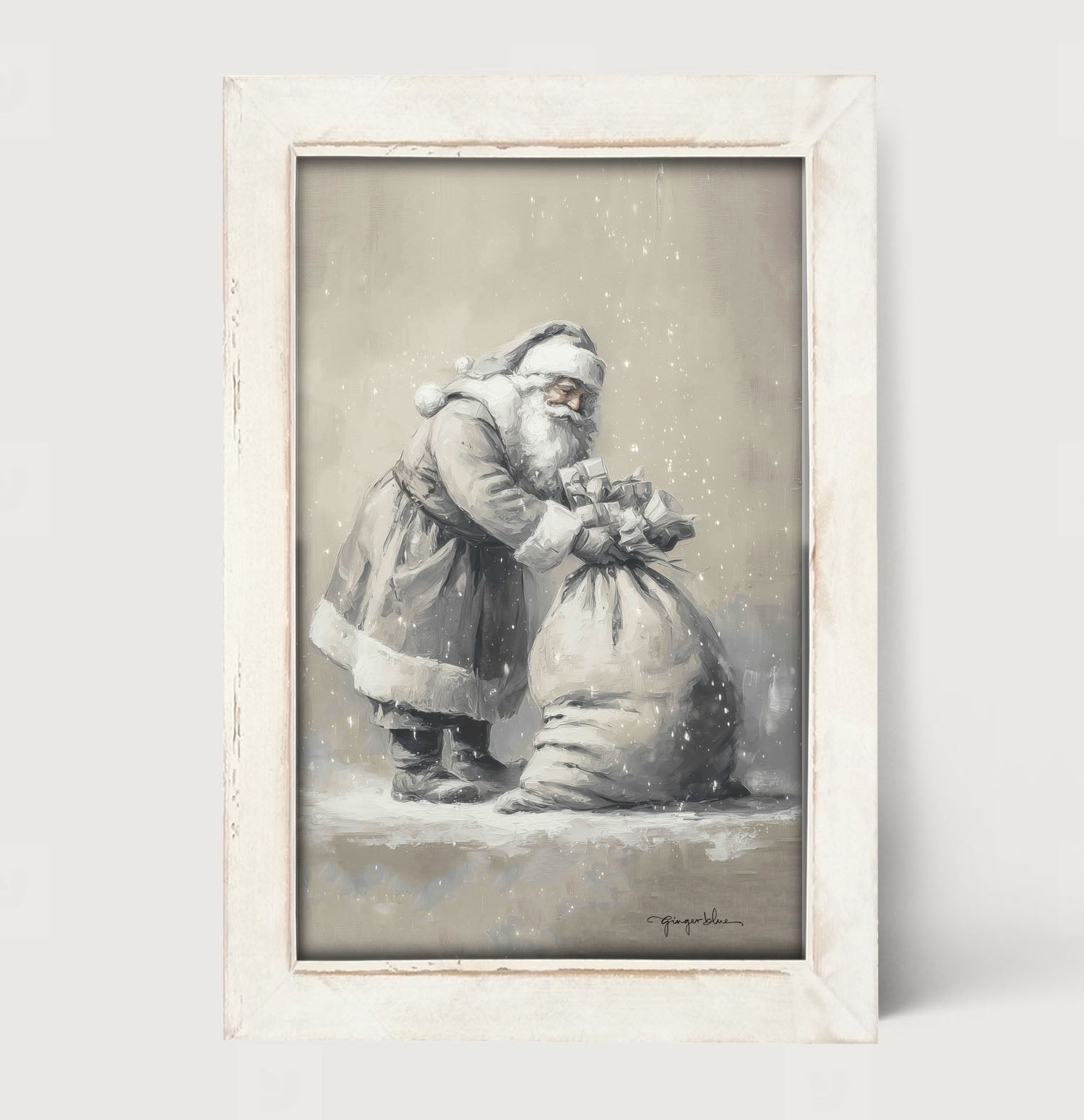 Santa Tying Bag of Presents - Framed Art