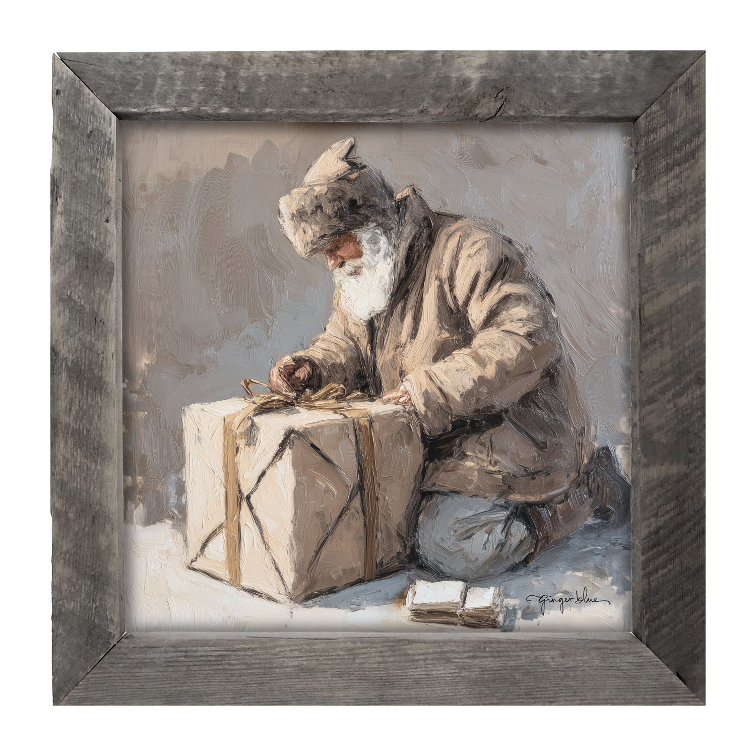 Santa Tying a Box - Framed Art