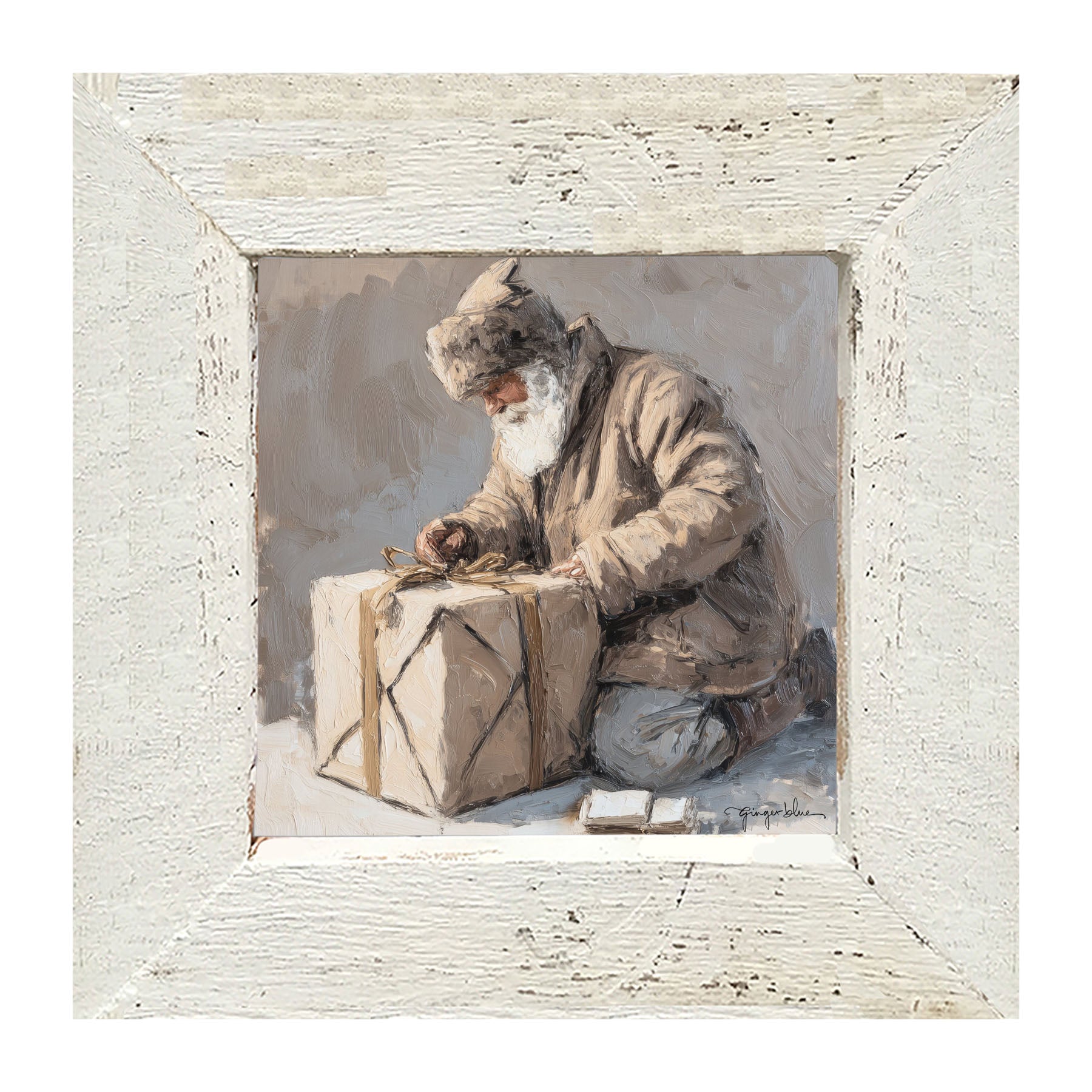Santa Tying a Box - Framed Art