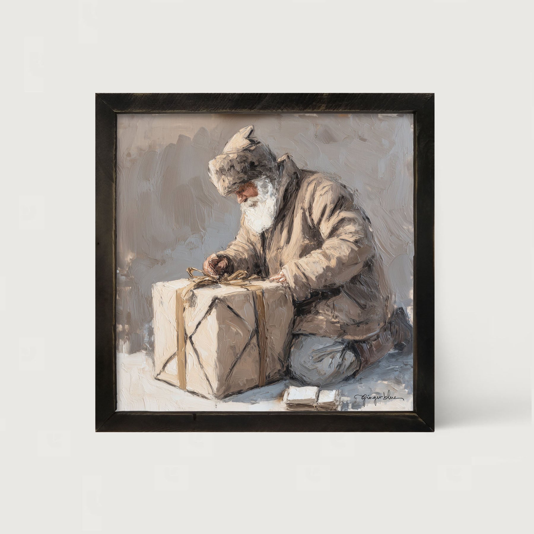 Santa Tying a Box - Framed Art