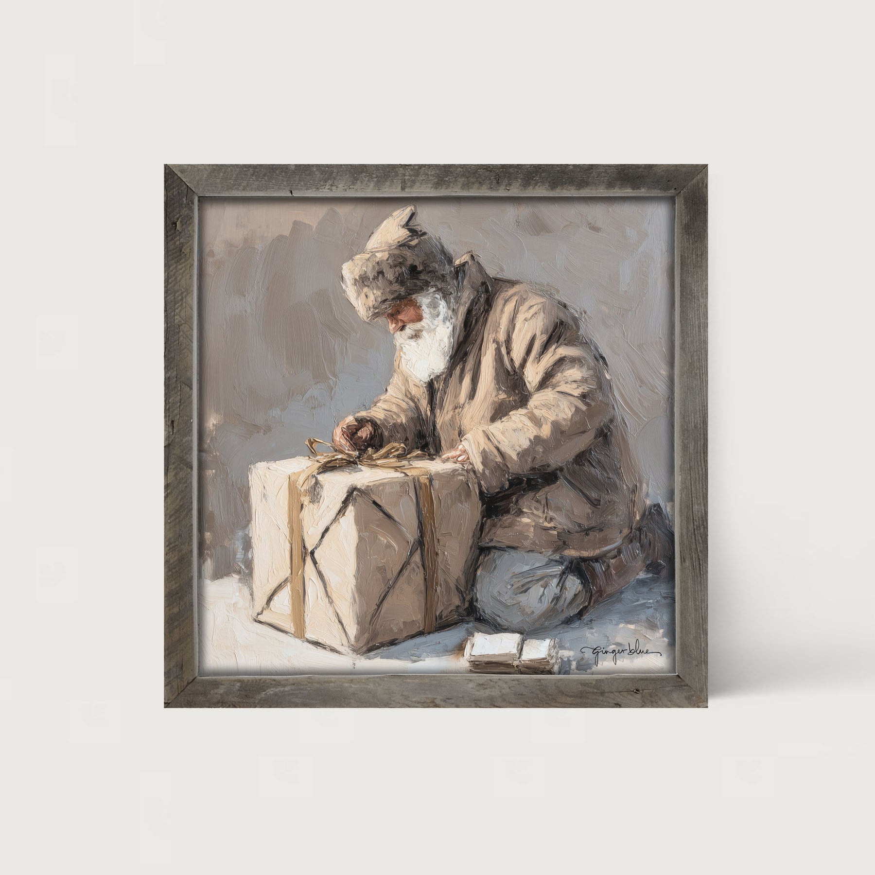 Santa Tying a Box - Framed Art