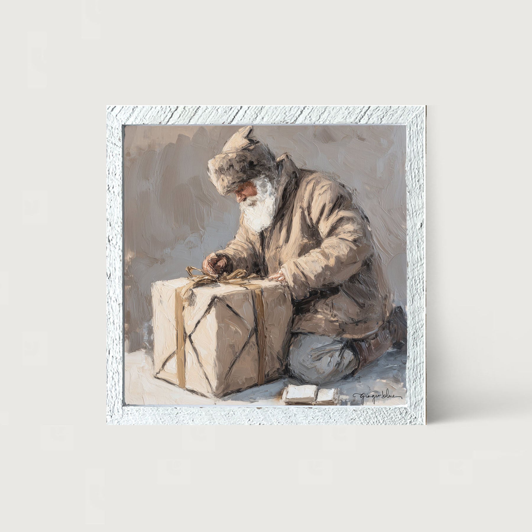 Santa Tying a Box - Framed Art