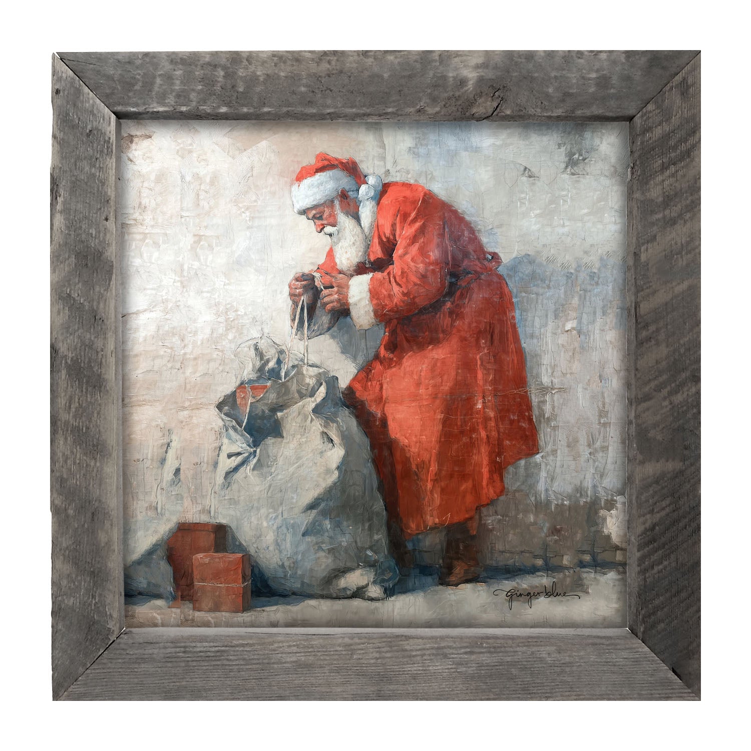 Santa Opening a Bag of Presents - Framed Art