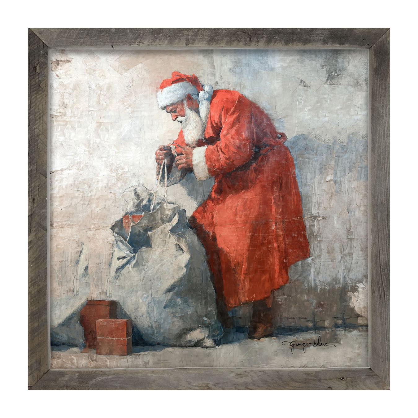 Santa Opening a Bag of Presents - Framed Art