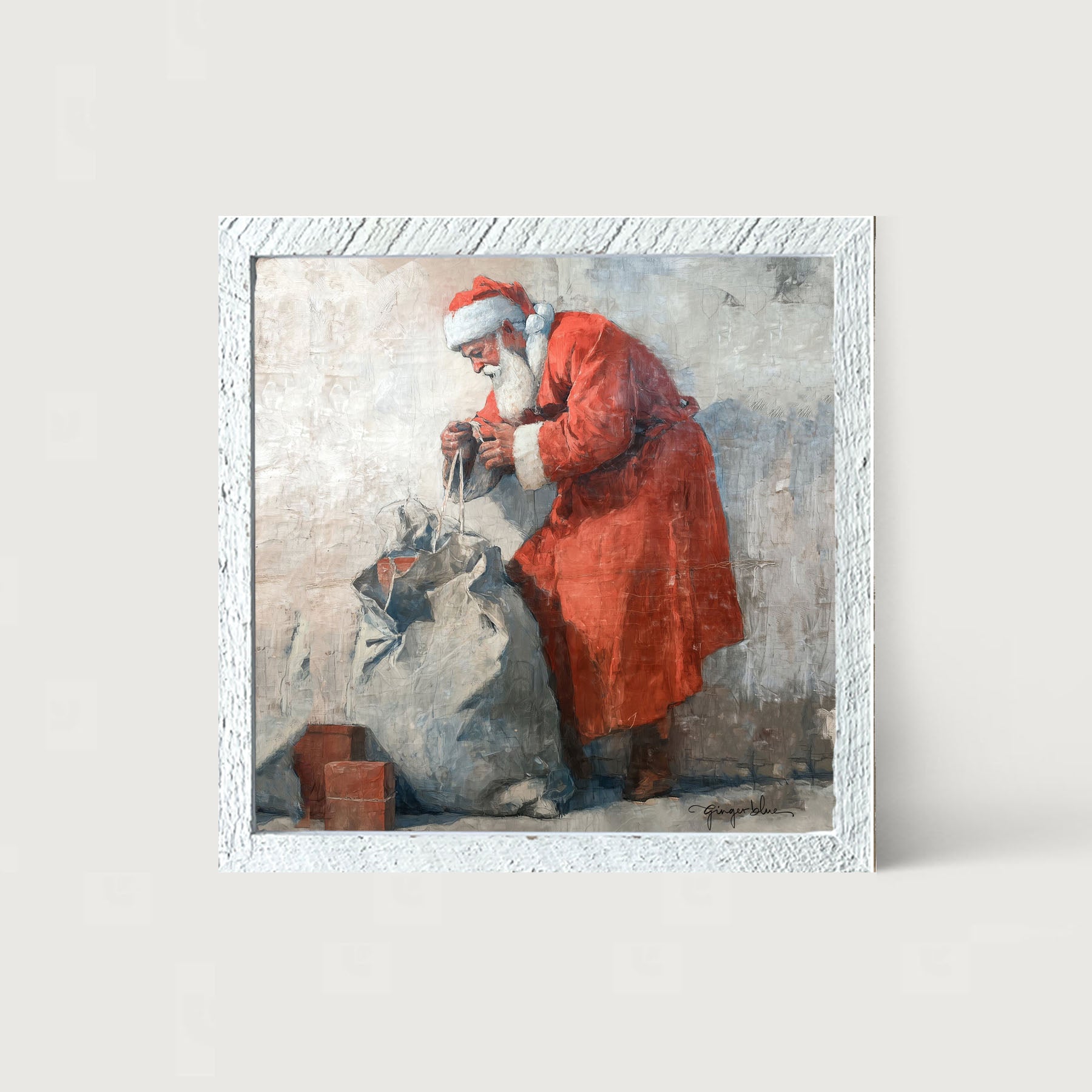 Santa Opening a Bag of Presents - Framed Art