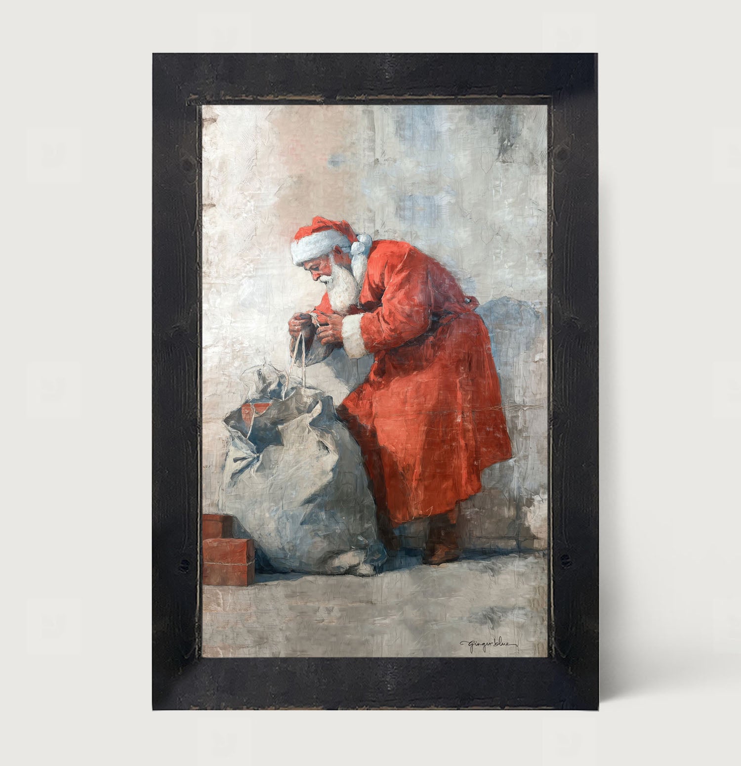 Santa Opening a Bag of Presents - Framed Art