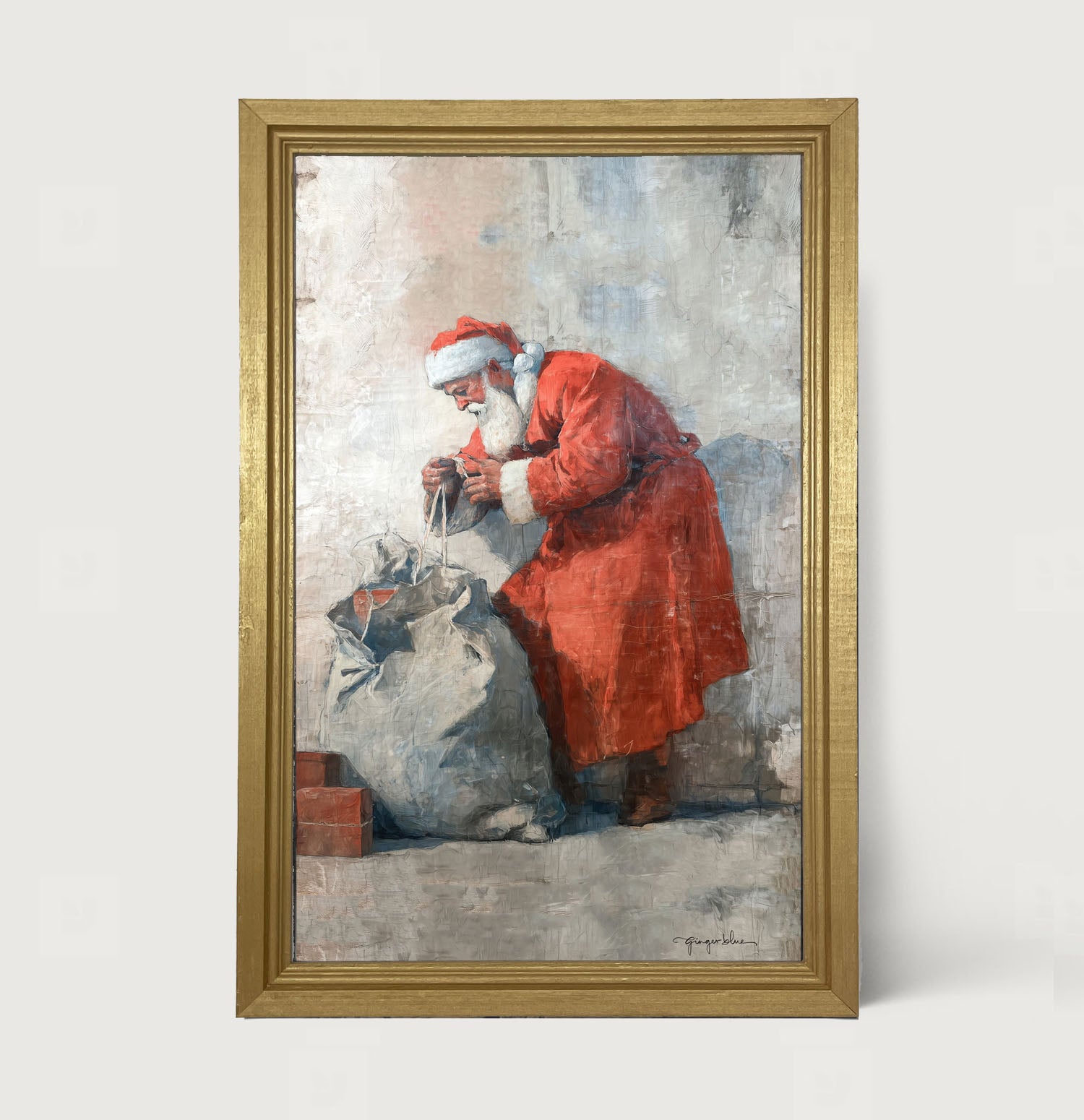 Santa Opening a Bag of Presents - Framed Art