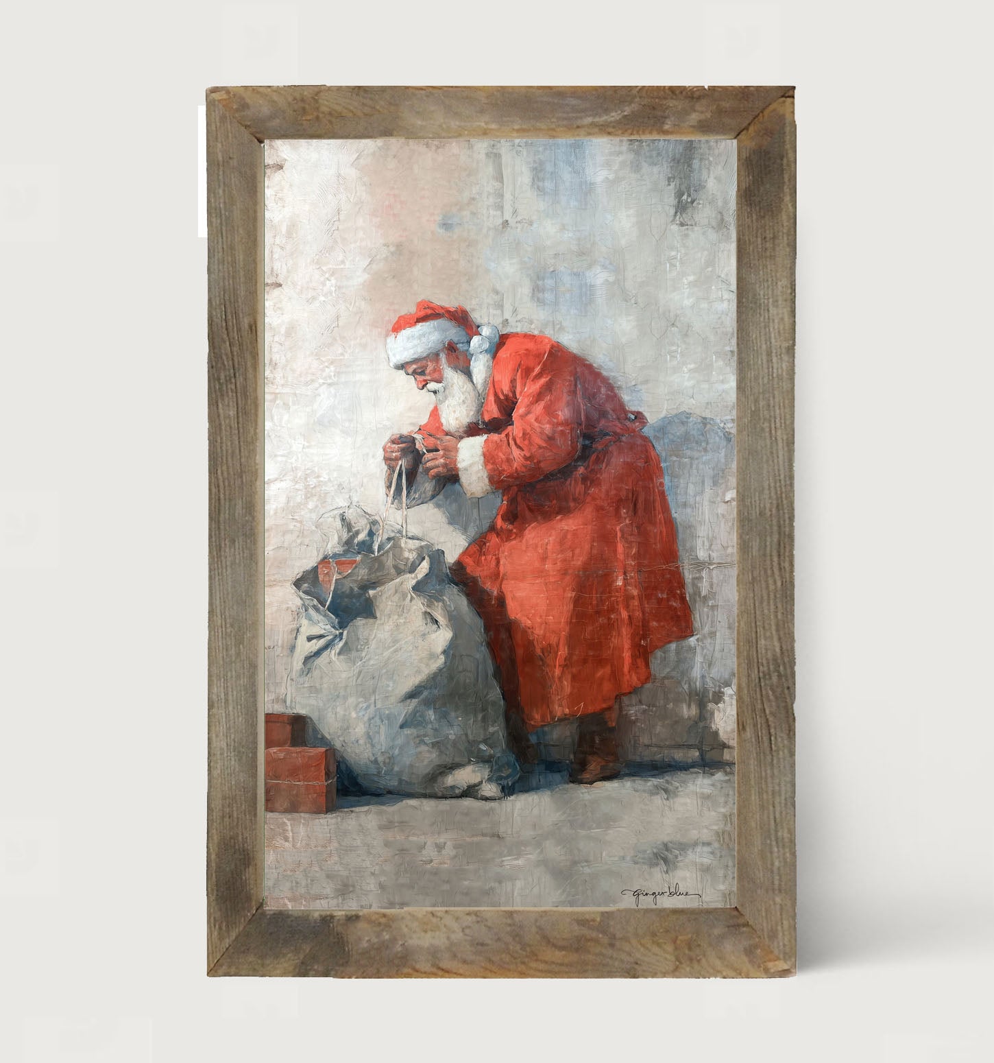 Santa Opening a Bag of Presents - Framed Art