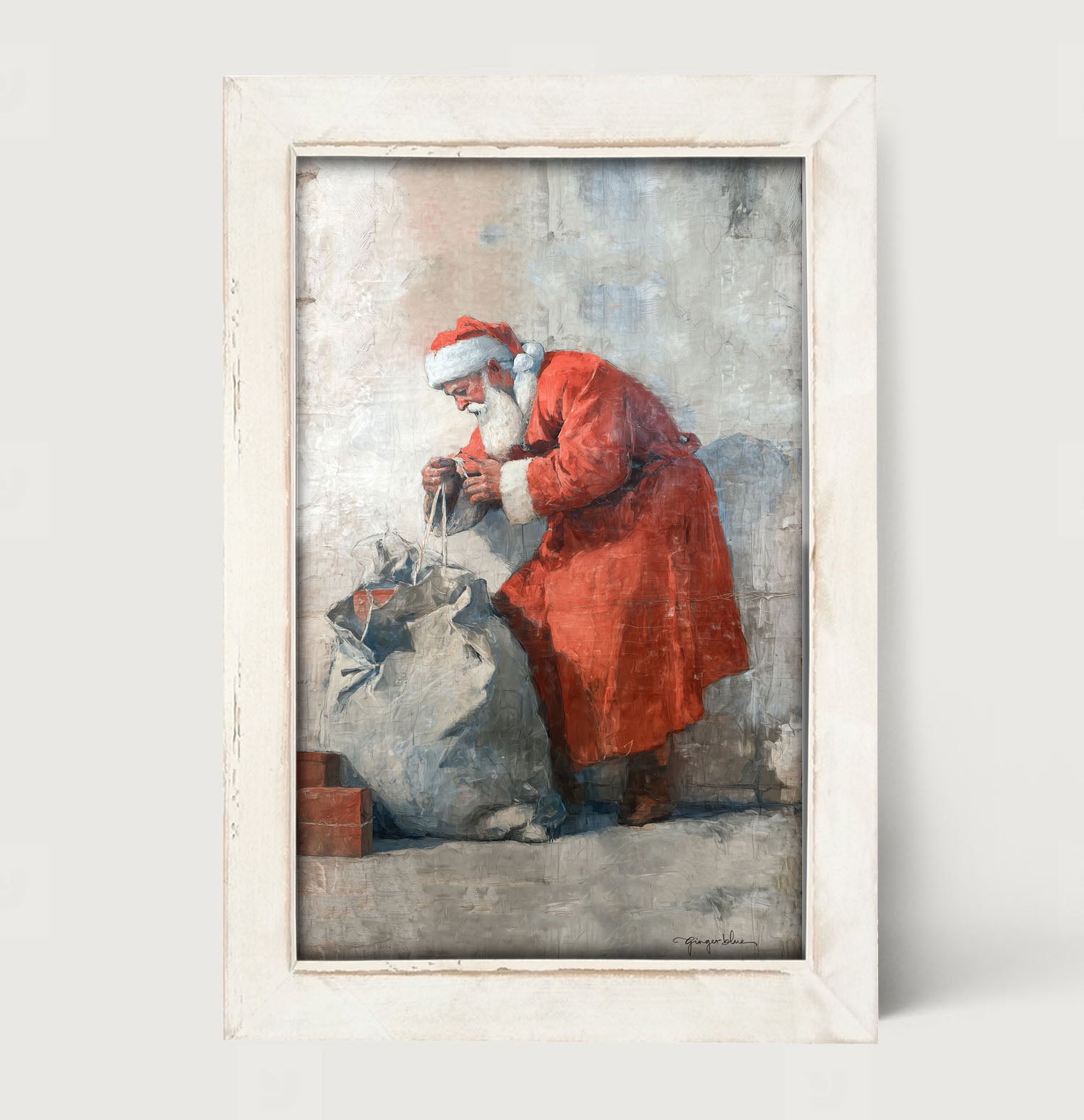Santa Opening a Bag of Presents - Framed Art