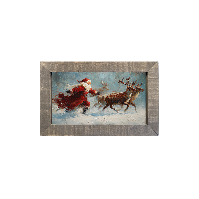 Santa Running with Reindeer - Framed Art
