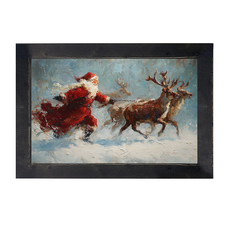 Santa Running with Reindeer - Framed Art