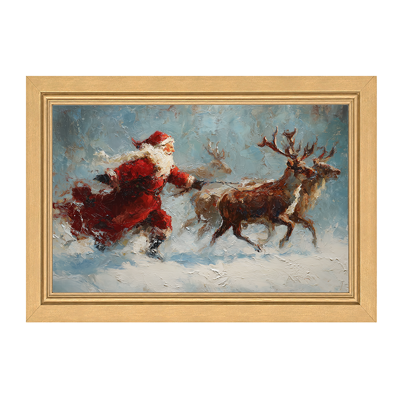 Santa Running with Reindeer - Framed Art