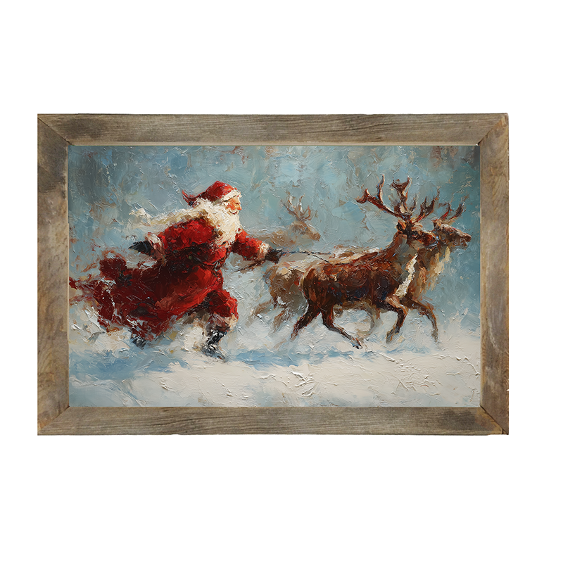 Santa Running with Reindeer - Framed Art