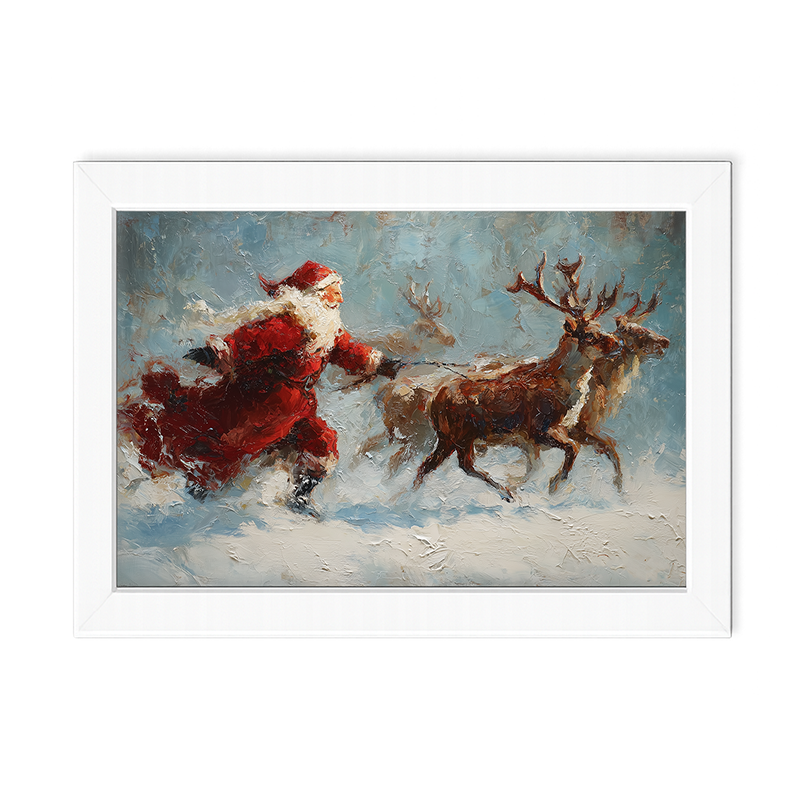 Santa Running with Reindeer - Framed Art