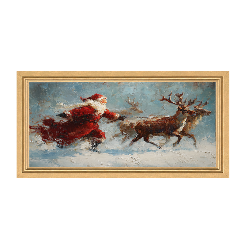 Santa Running with Reindeer - Framed Art