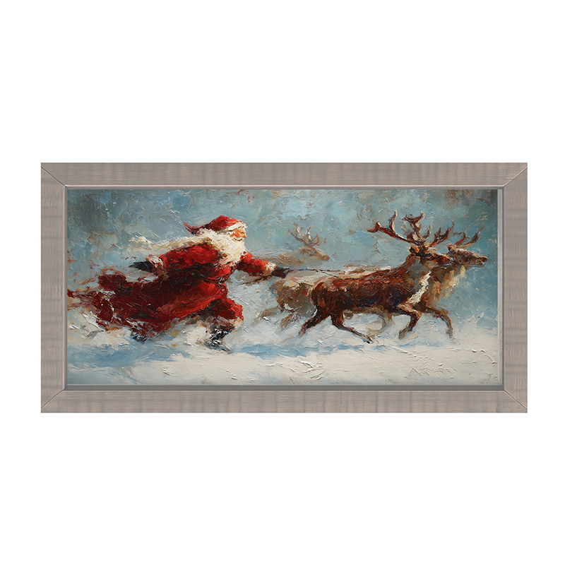 Santa Running with Reindeer - Framed Art