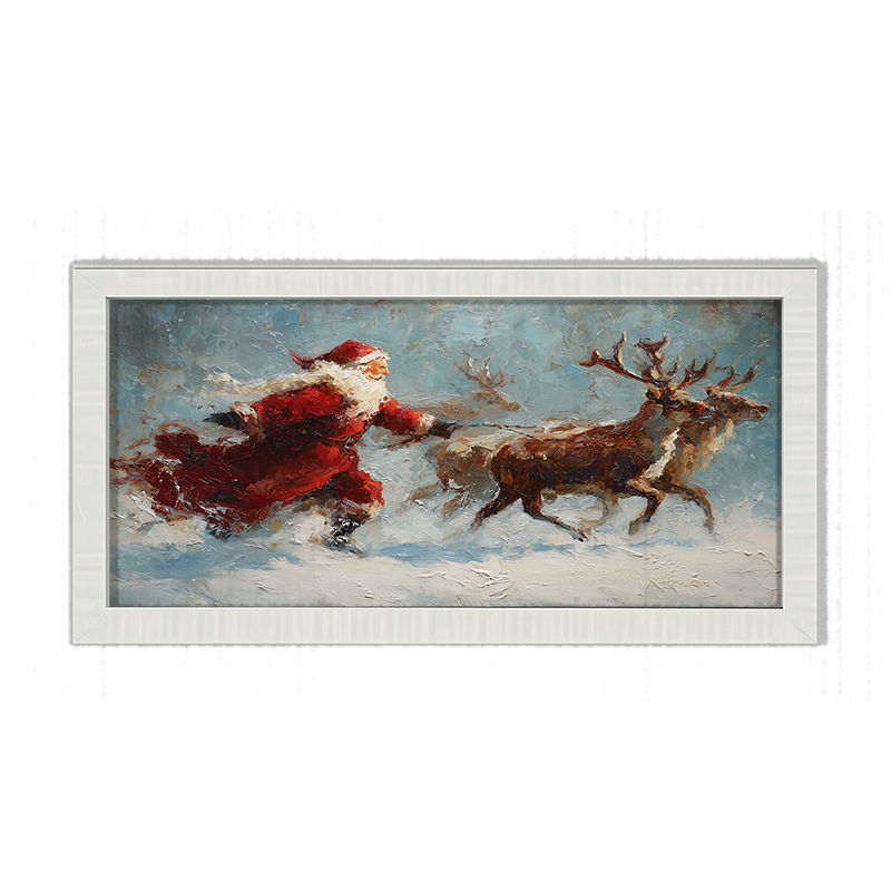 Santa Running with Reindeer - Framed Art