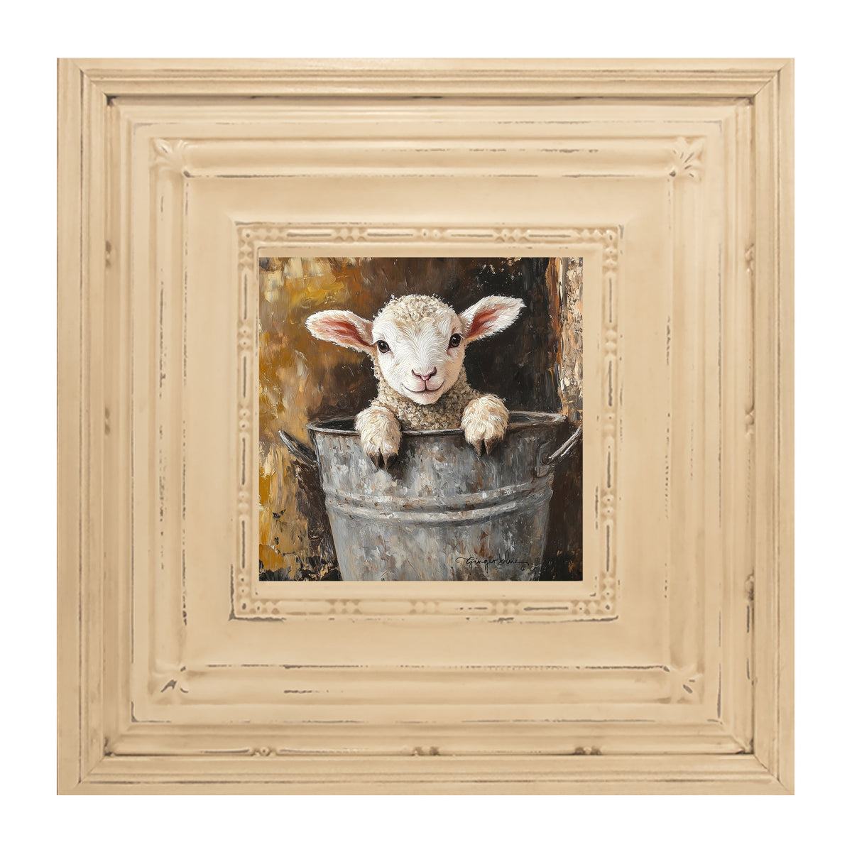 Baby Lamb in Metal Bucket