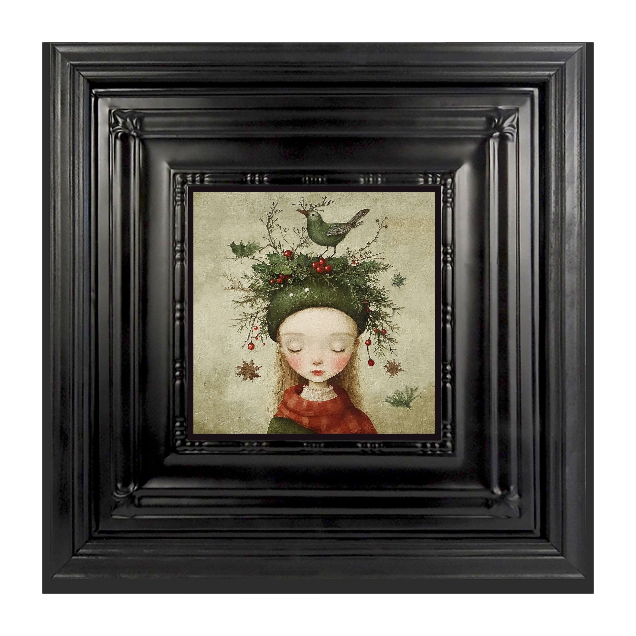 Green Christmas Girl with Bird