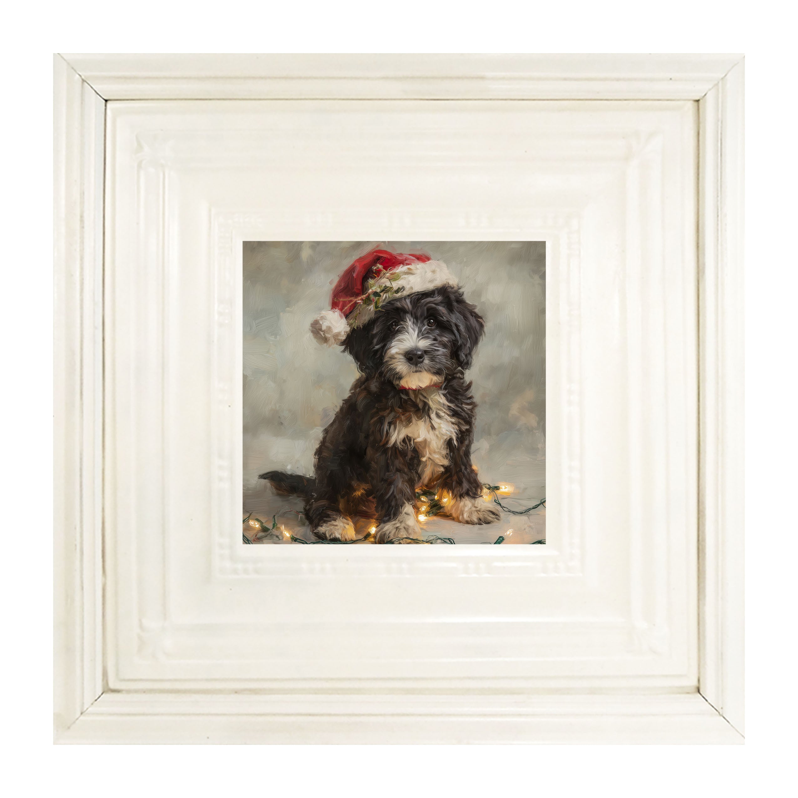 Christmas Lights with Furry Black and White Dog