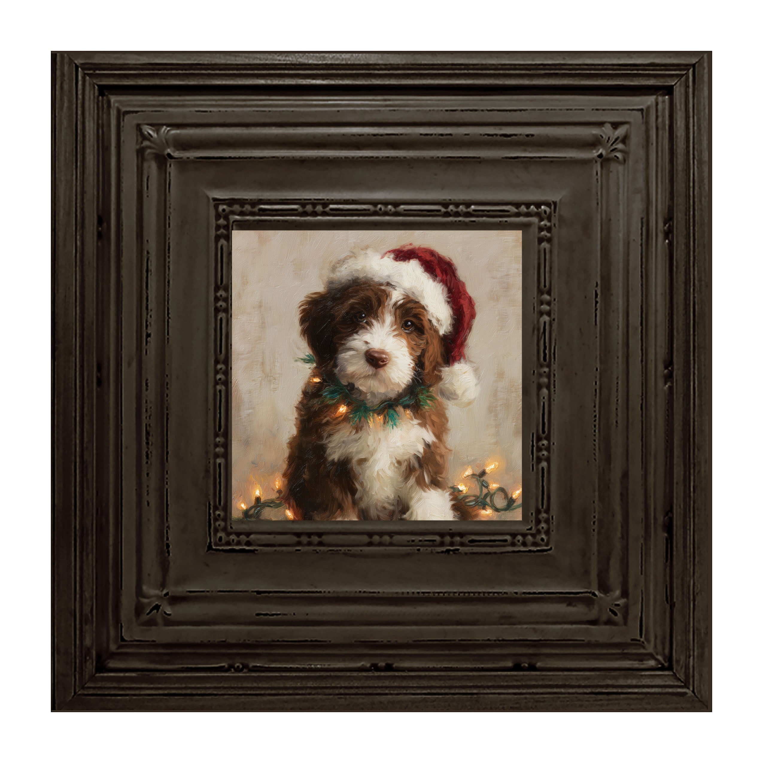 Christmas Lights with Brown and White Dog